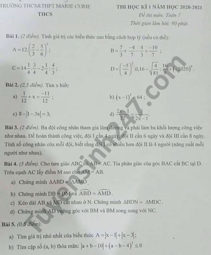 De thi hoc ki 1 THCS-THPT Marie Curie nam 2020 Toan lop 7