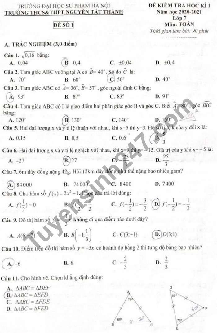 De thi hoc ki 1 2020 Toan lop 7 THCS-THPT Nguyen Tat Thanh