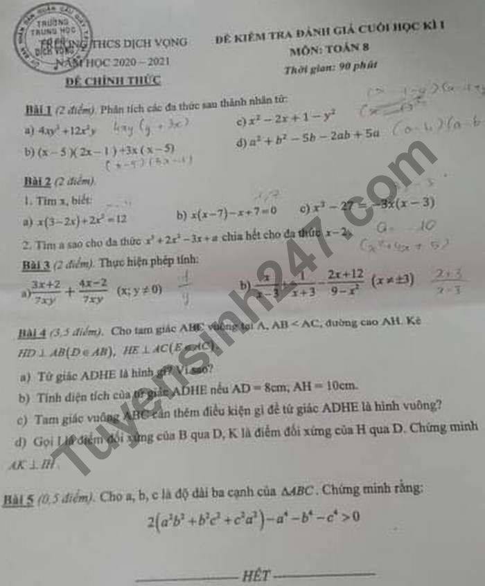 De thi hoc ki 1 mon Toan lop 8 nam 2020 THCS Dich Vong