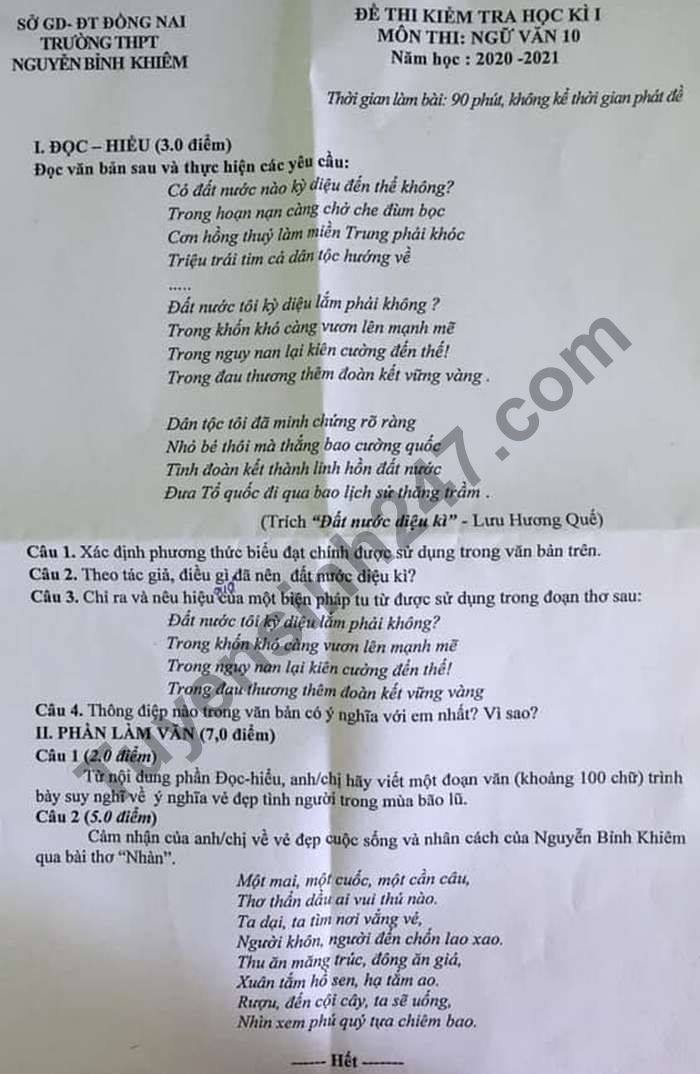 De thi hoc ki 1 nam 2020 Van lop 10 THPT Nguyen Binh Khiem