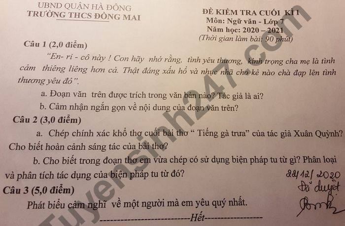 De thi hoc ki 1 lop 7 mon Van THCS Dong Mai nam 2020