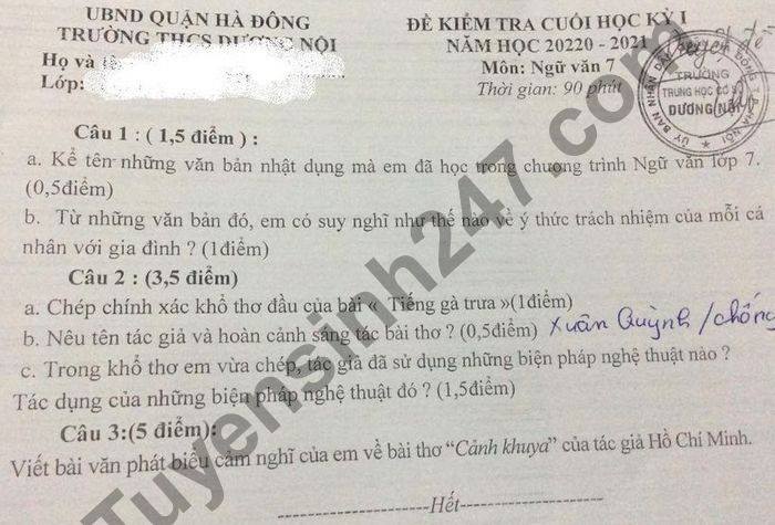 De thi hoc ki 1 nam 2020 THCS Duong Noi mon Van lop 7