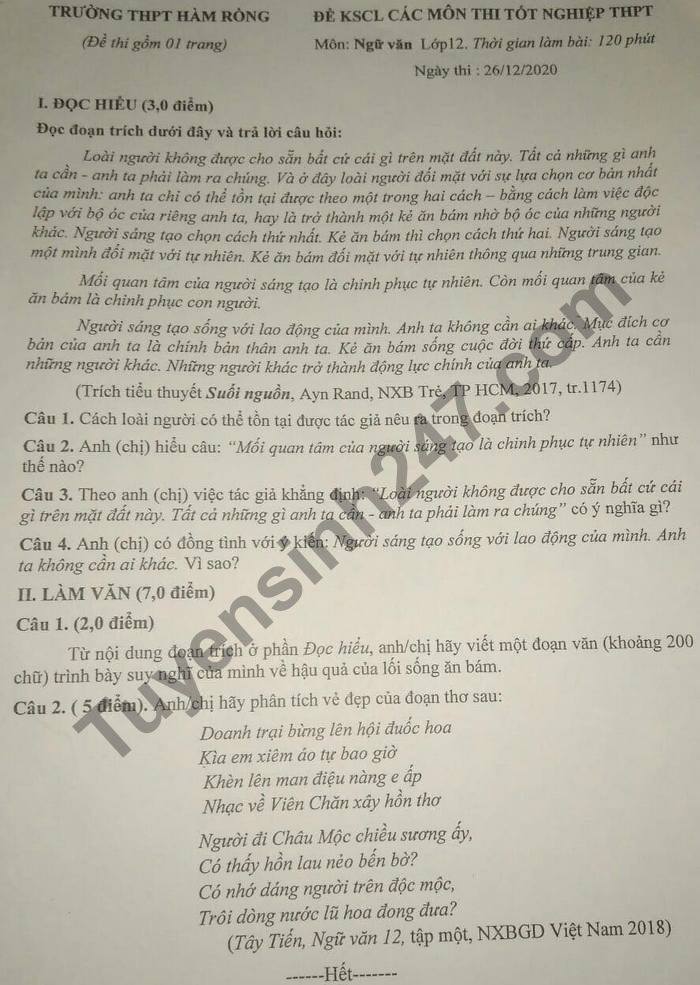 De thi thu tot nghiep THPT 2020 mon Van THPT Ham Rong