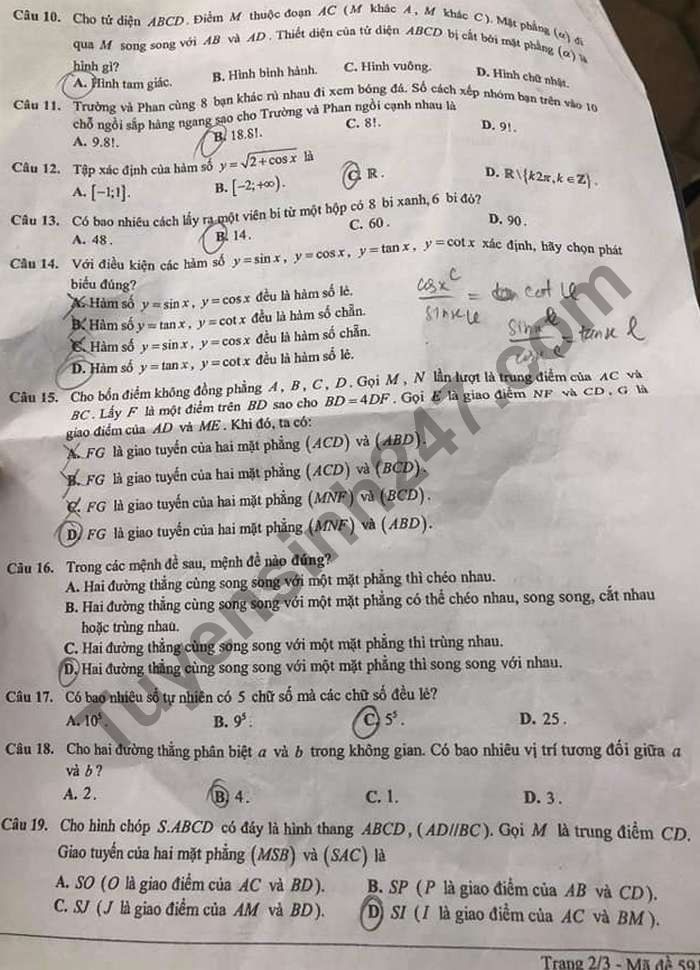 De thi hoc ki 1 lop 11 mon Toan THPT Phan Dinh Phung 2020