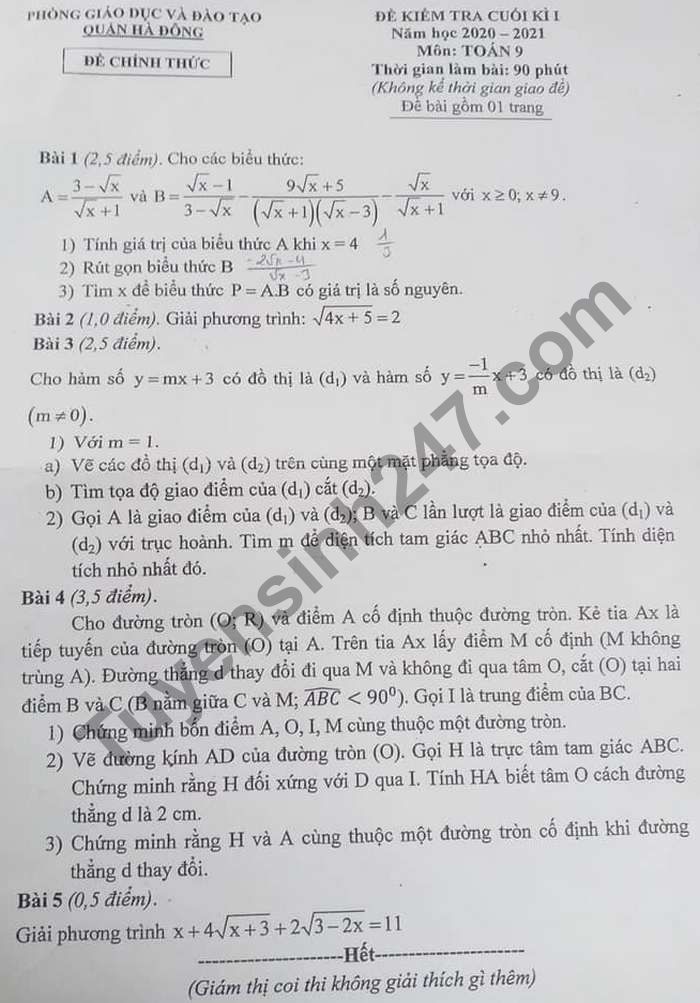 De thi hoc ki 1 lop 9 mon Toan 2020 Phong GD Quan Ha Dong