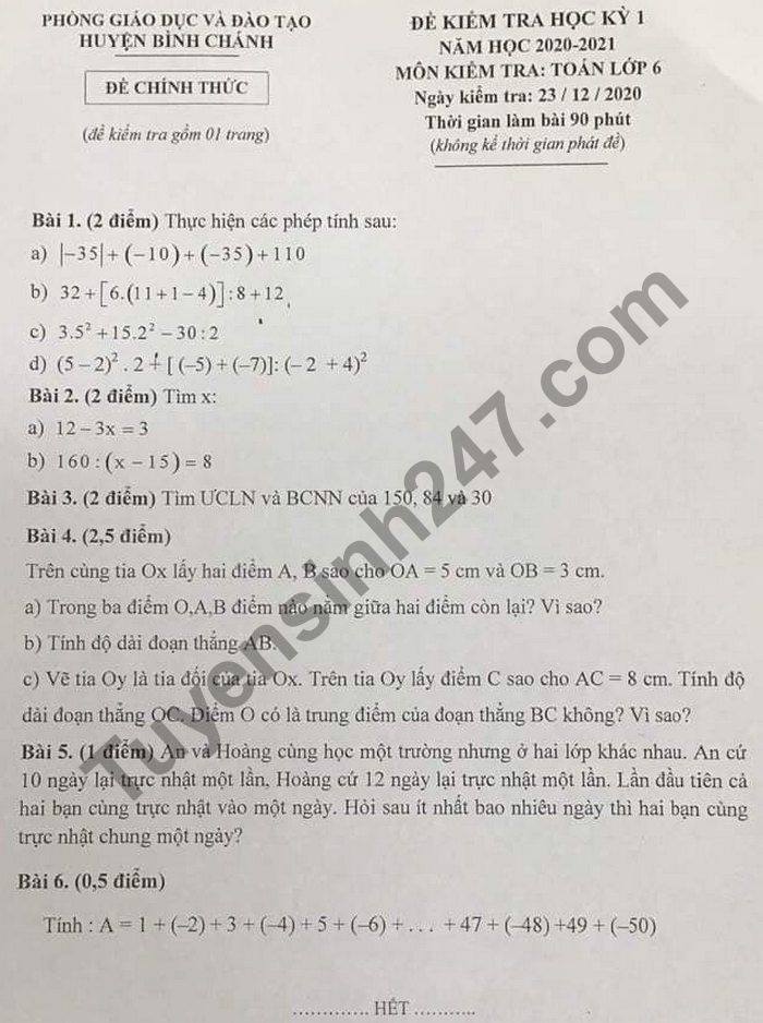De thi hoc ki 1 lop 6 mon Toan huyen Binh Chanh nam 2020