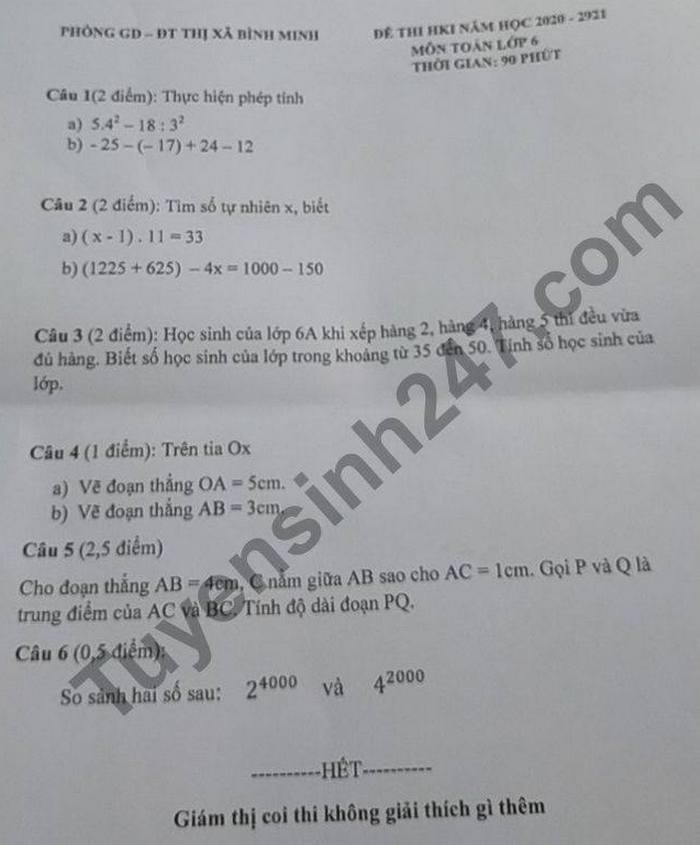 De thi hoc ki 1 mon Toan lop 6 Thi Xa Binh Minh nam 2020