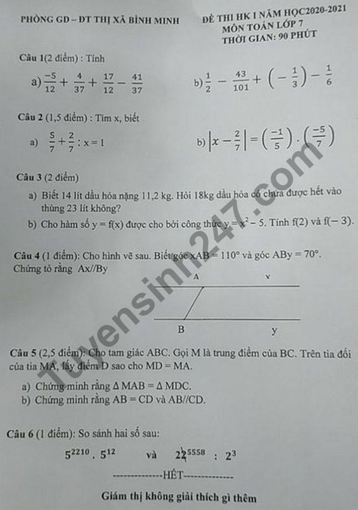De thi hoc ki 1 lop 7 mon Toan Phong GD TX Binh Minh nam 2020