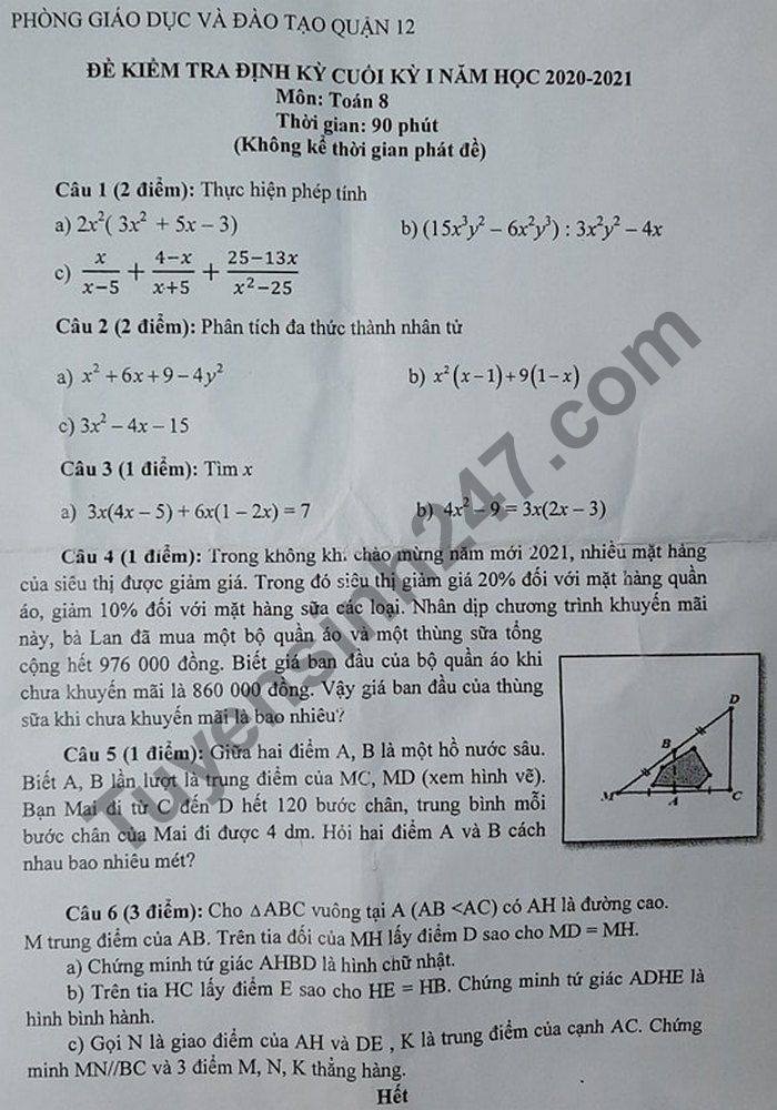 De thi hoc ki 1 mon Toan lop 8 Phong GD Quan 12 nam 2020