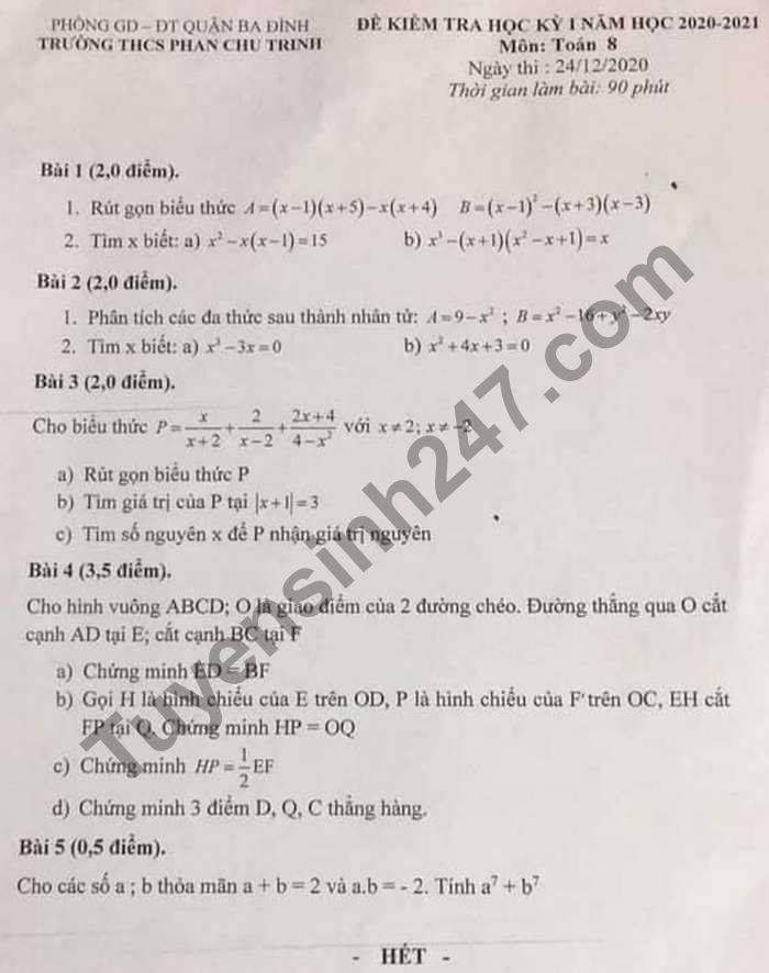 De thi hoc ki 1 nam 2020 THCS Phan Chu Trinh Toan lop 8
