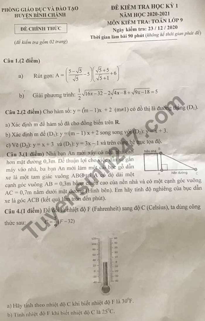 De thi hoc ki 1 Toan lop 9 nam 2020 huyen Binh Chanh
