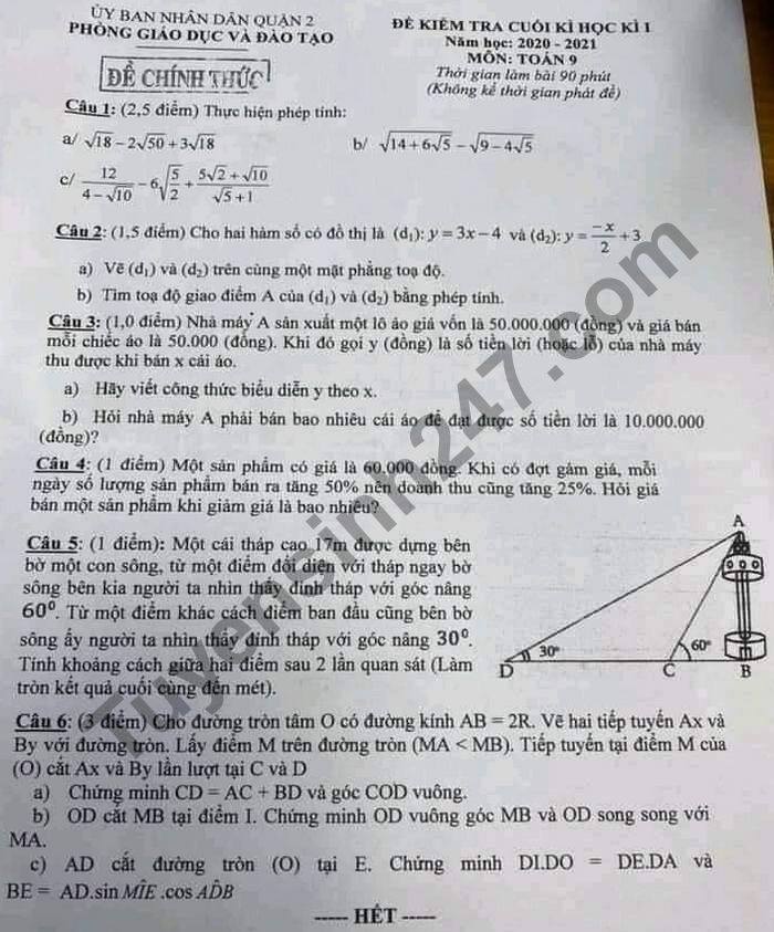 De thi hoc ki 1 Phong GD Quan 2 nam 2020 Toan lop 9