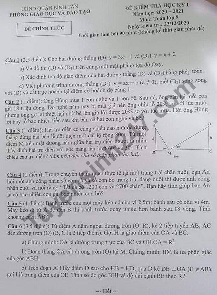 De thi hoc ki 1 nam 2020 Quan Binh Tan mon Toan lop 9