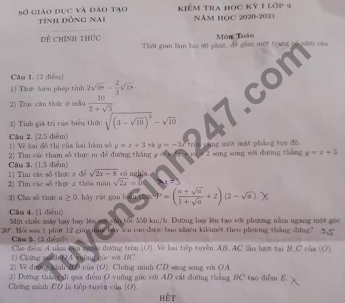 De thi hoc ki 1 tinh Dong Nai mon Toan lop 9 nam 2020