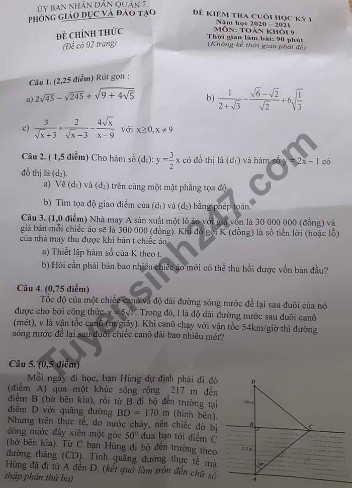 De thi hoc ki 1 nam 2020 Phong GD Quan 7 mon Toan lop 9