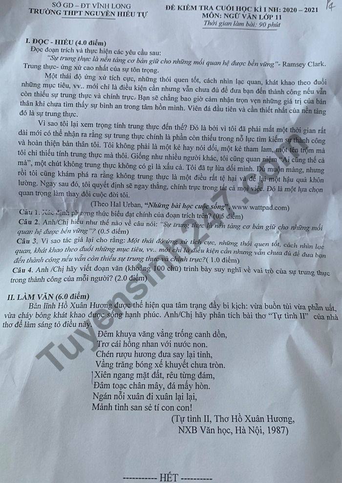 De thi hoc ki 1 THPT Nguyen Hieu Tu nam 2020 mon Van lop 11