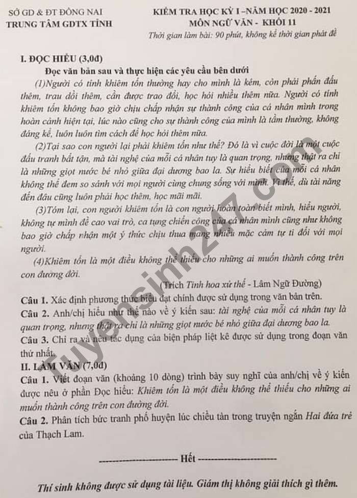 De thi hoc ki 1 nam 2020 TT GDTX tinh Dong Nai mon Van lop 11