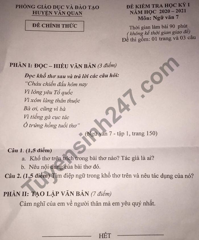 De thi hoc ki 1 mon Van lop 7 huyen Van Quan nam 2020