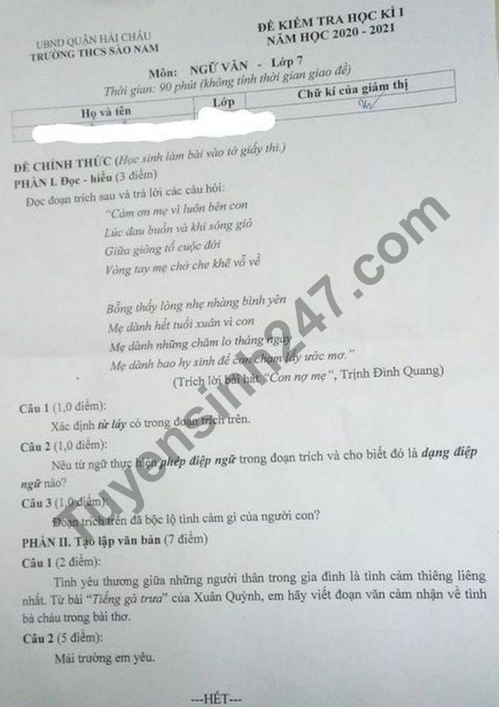 De thi hoc ki 1 nam 2020 THCS Sao Nam mon Van lop 7