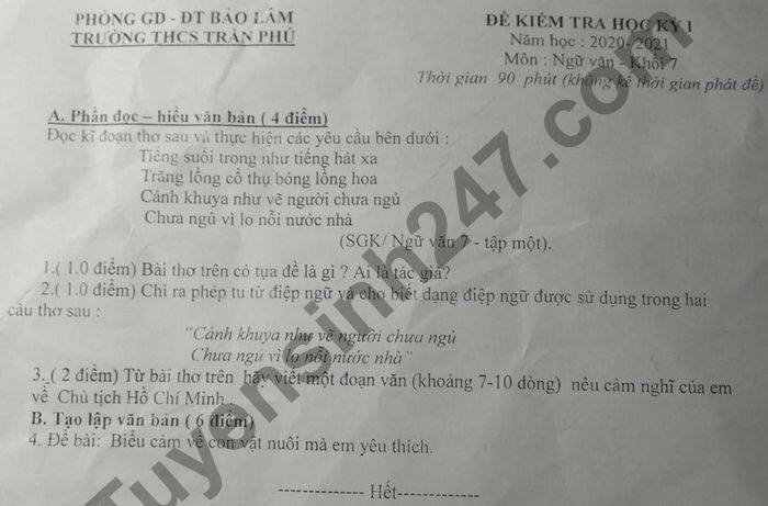 De thi hoc ki 1 mon Van lop 7 THCS Tran Phu nam 2020