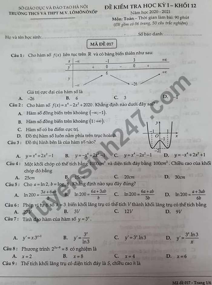De thi hoc ki 1 lop 12 mon Toan THCS&THPT M.V.Lomonoxop 2020