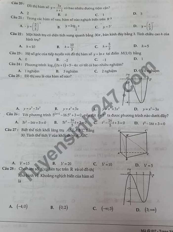 De thi hoc ki 1 lop 12 mon Toan THCS&THPT M.V.Lomonoxop 2020