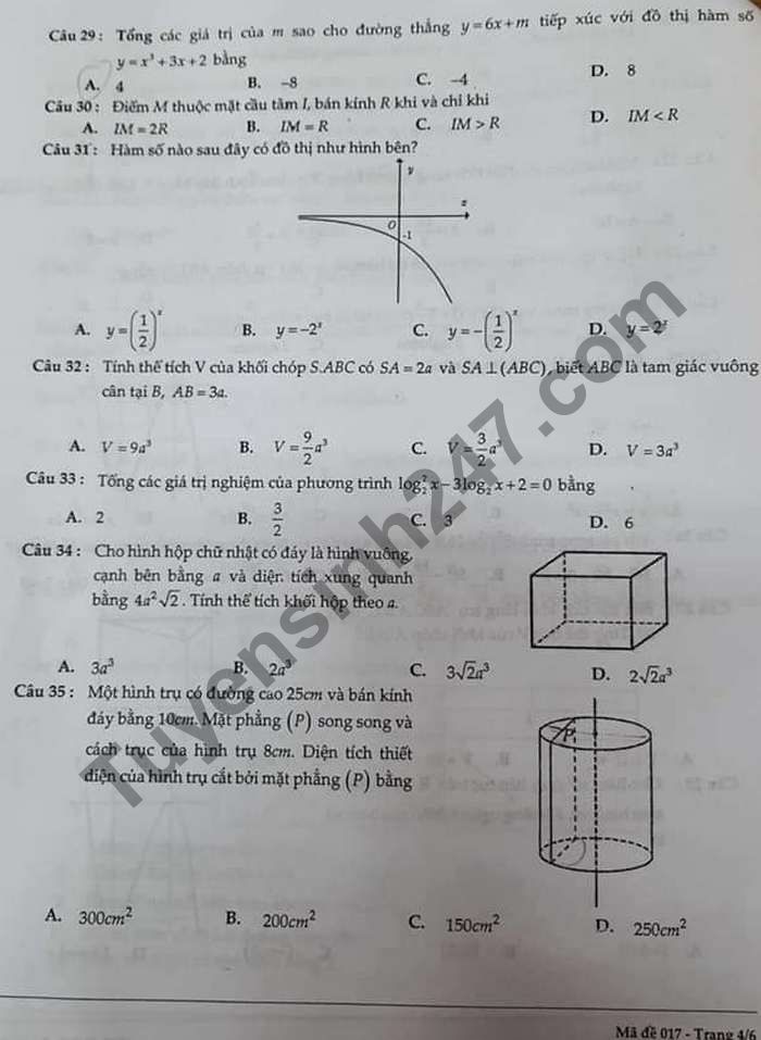 De thi hoc ki 1 lop 12 mon Toan THCS&THPT M.V.Lomonoxop 2020