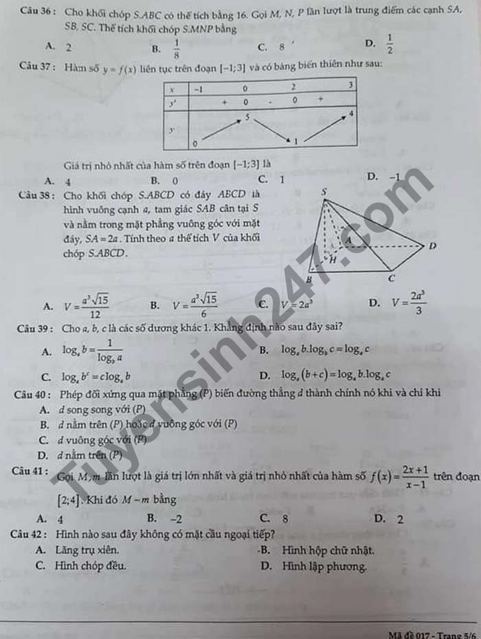 De thi hoc ki 1 lop 12 mon Toan THCS&THPT M.V.Lomonoxop 2020