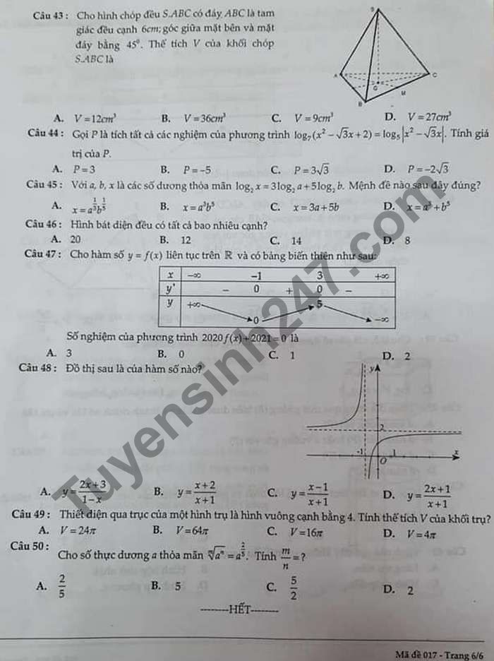 De thi hoc ki 1 lop 12 mon Toan THCS&THPT M.V.Lomonoxop 2020