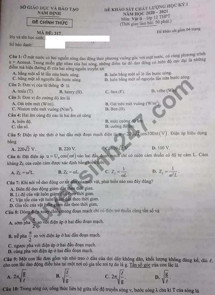 De thi hoc ki 1 nam 2020 lop 12 mon Vat Li - So GD Nam Dinh