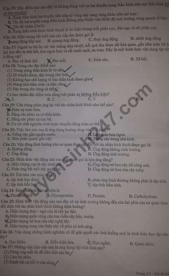 De thi hoc ki 1 nam 2020 THPT Tran Van Thanh lop 11 mon Sinh