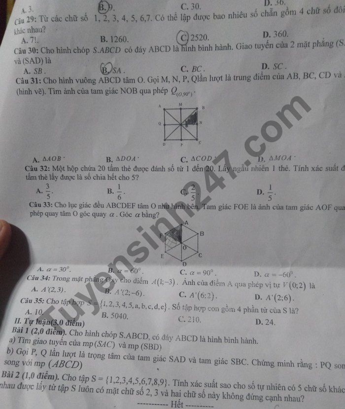 De thi hoc ki 1 nam 2020 THPT Huu Lung lop 11 mon Toan