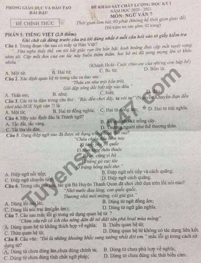 De thi hoc ki 1 mon Van lop 7 Phong GD Hai Hau nam 2020