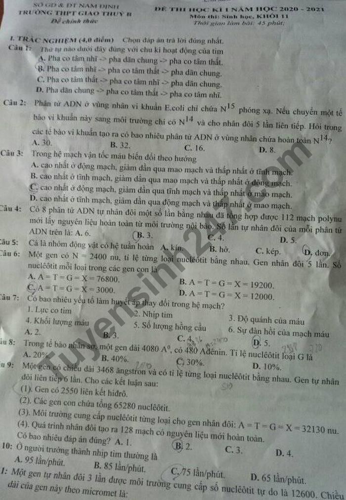 De thi hoc ki 1 mon Sinh lop 11 THPT Giao Thuy B nam 2020
