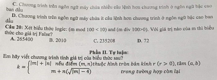 De thi hoc ki 1 mon Tin lop 11 THPT Doan Hung nam 2020