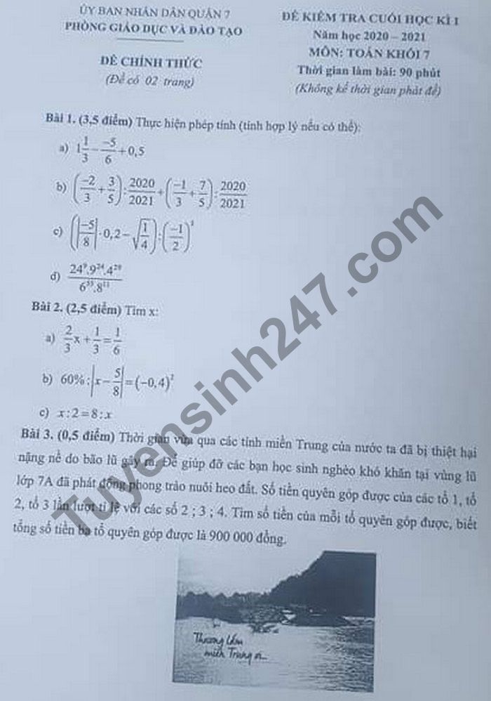 De thi hoc ki 1 lop 7 mon Toan Phong GD Quan 7 nam 2020