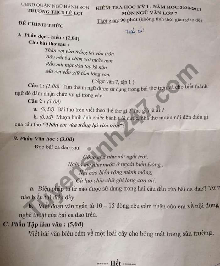 De thi hoc ki 1 nam 2020 Truong THCS Le Loi mon Van lop 7