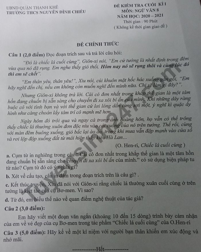 De thi hoc ki 1 nam 2020 THCS Nguyen Dinh Chieu mon Van lop 8
