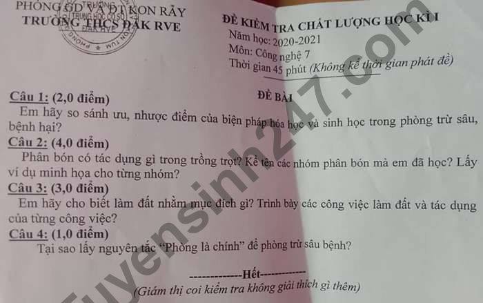 De thi HK1 mon Cong Nghe lop 7 THCS Dak Rve nam 2020