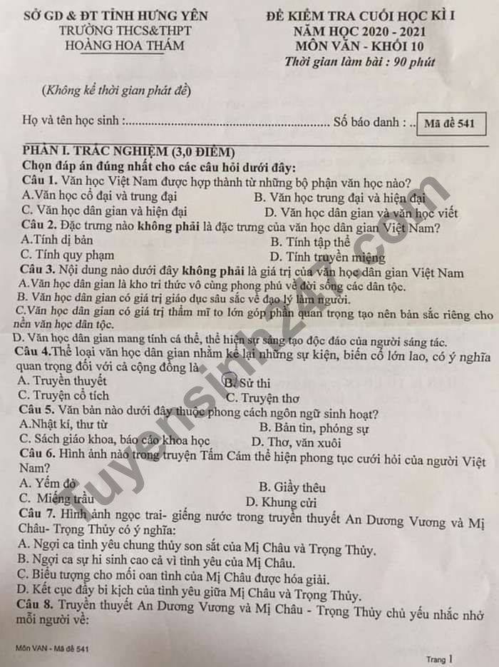 De thi hoc ki 1 THCS-THPT Hoang Hoa Tham mon Van lop 10 2020