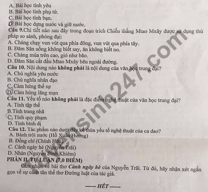 De thi hoc ki 1 THCS-THPT Hoang Hoa Tham mon Van lop 10 2020