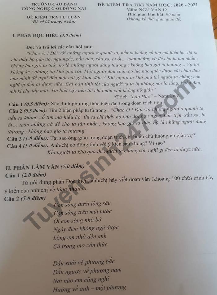 De thi hoc ki 1 truong CD CNC Dong Nai mon Van lop 12 nam 2020