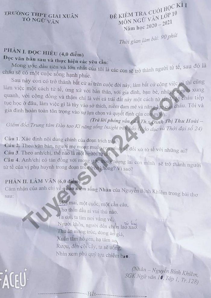 De thi hoc ki 1 THPT Giai Xuan mon Van lop 10 nam 2020