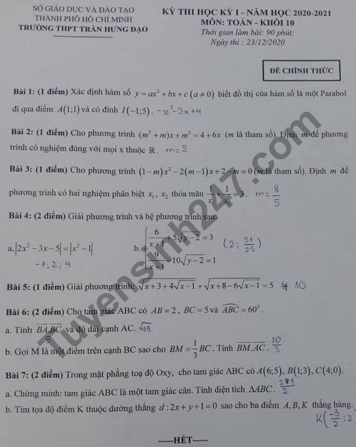De thi hoc ki 1 Toan lop 10 nam 2020 THPT Tran Hung Dao