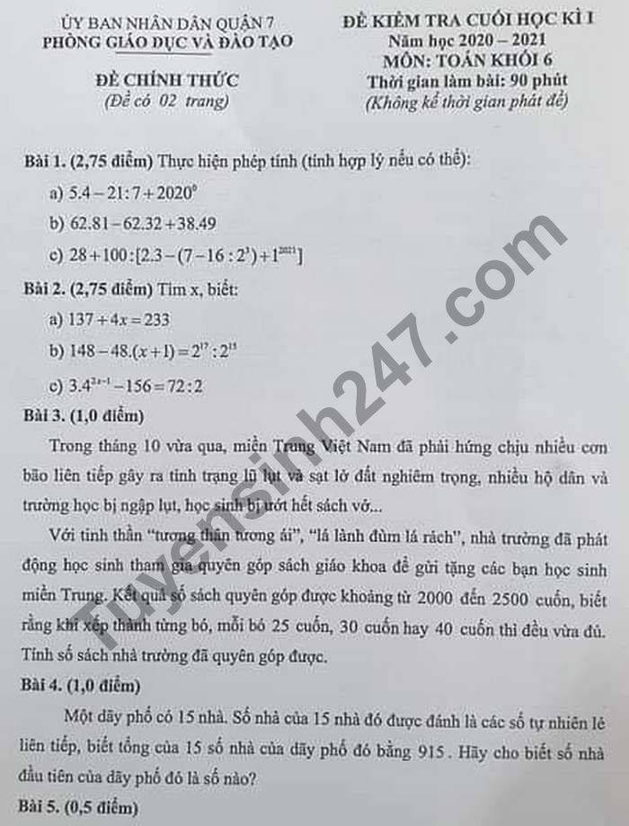 De thi hoc ki 1 Toan lop 6 Phong GD Quan 7 nam 2020