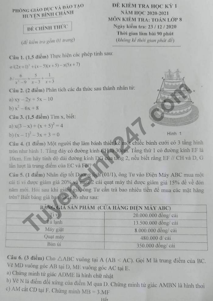 De thi hoc ki 1 lop 8 mon Toan huyen Binh Chanh nam 2020