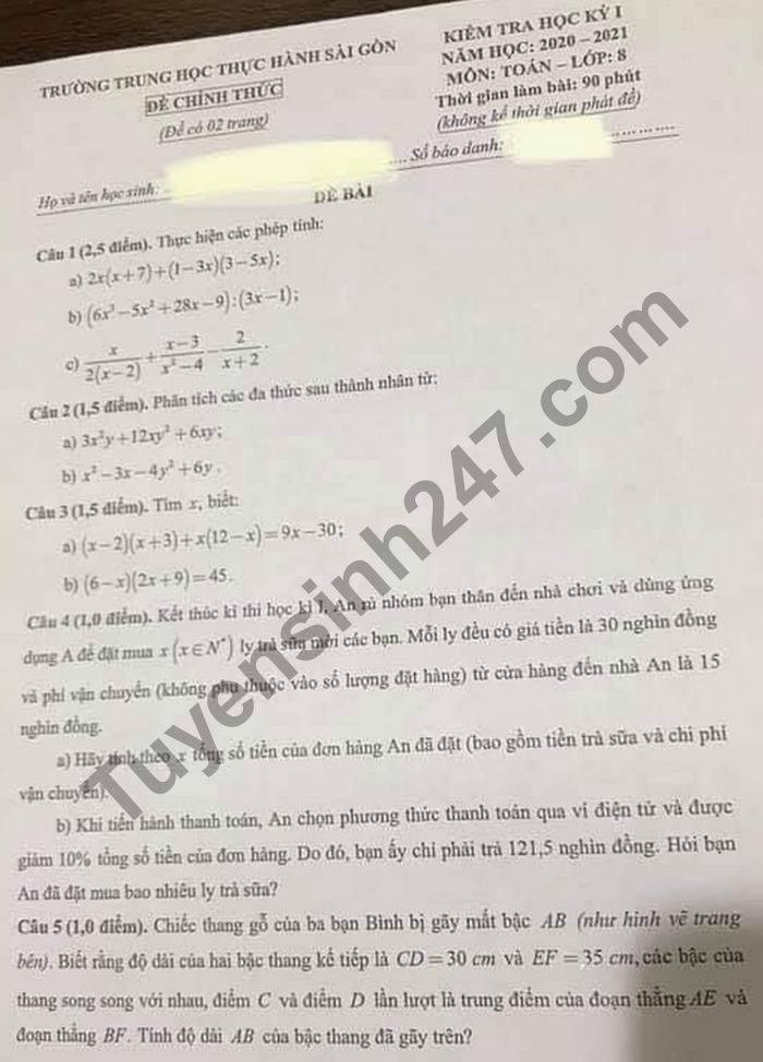 De thi hoc ki 1 Toan lop 8 TH Thuc Hanh Sai Gon nam 2020