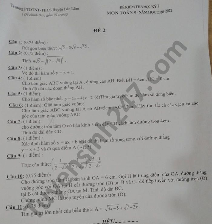De thi hoc ki 1 PTDTNT-THCS huyen Bao Lam 2020 Toan lop 9