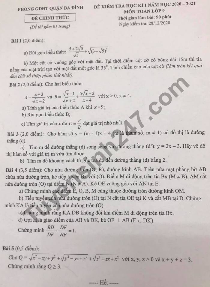 De thi hoc ki 1 mon Toan lop 9 nam 2020 Phong GD Quan Ba Dinh