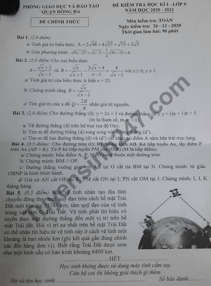 De thi hoc ki 1 lop 9 mon Toan nam 2020 Phong GD Quan Dong Da